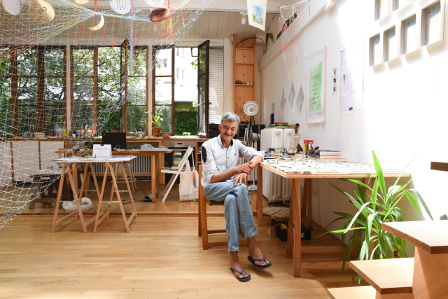 Mohamed Larbi Rahhali in the Pernod Ricard studio and some of his research works, 2018